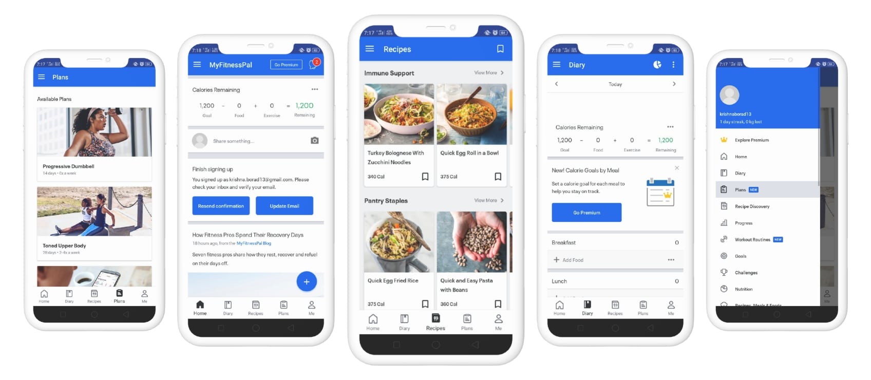 screenshots of myfitnesspal app