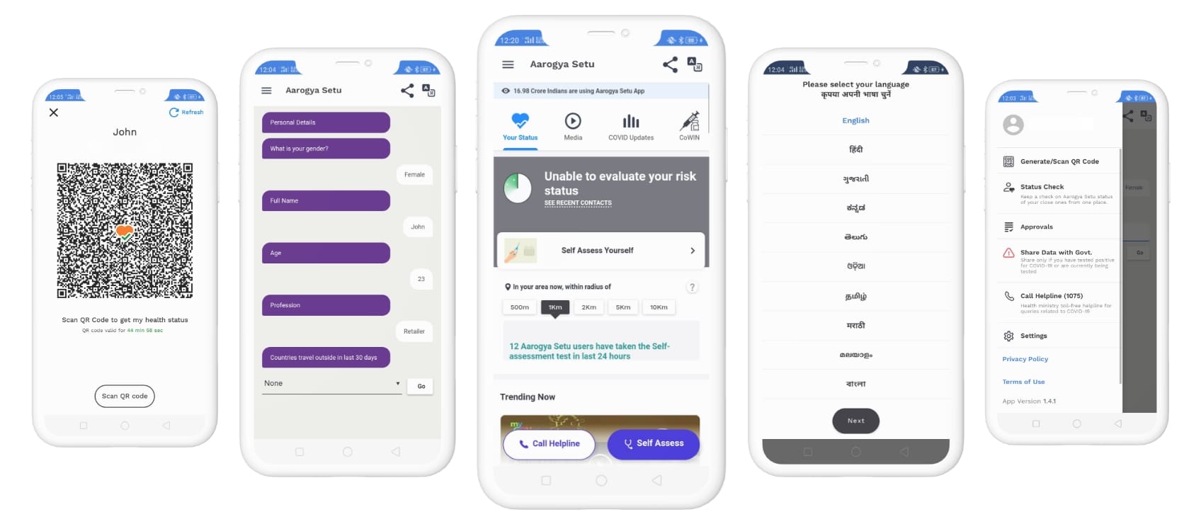 Screenshots of the arogya setu app
