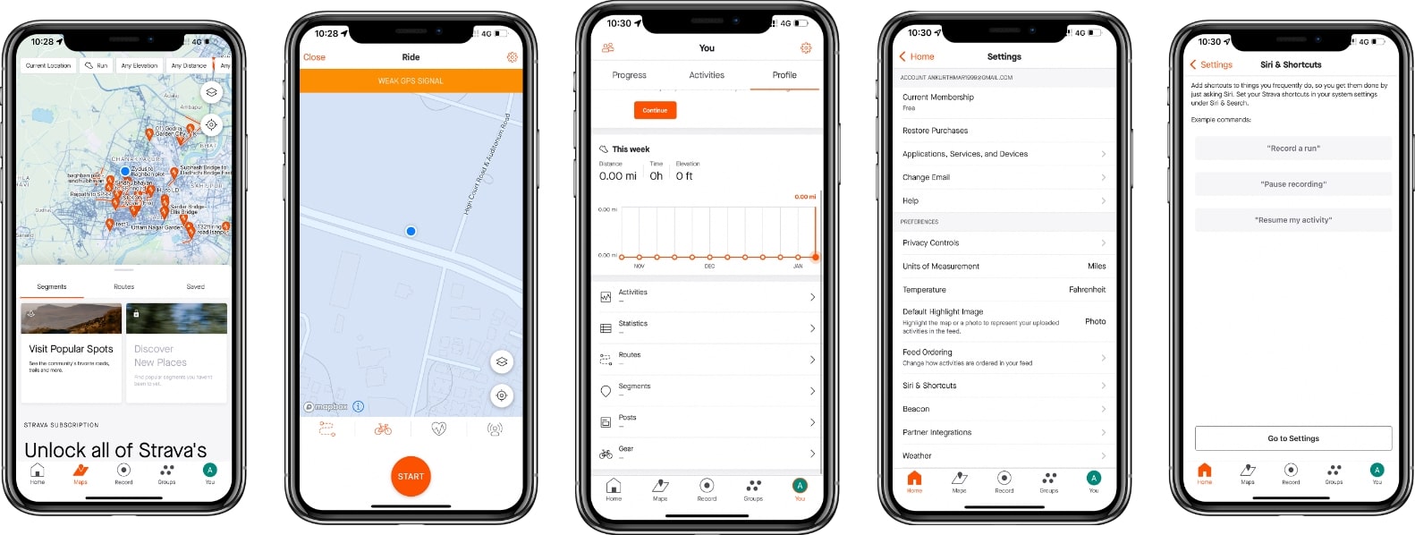 Screenshots of strava running app