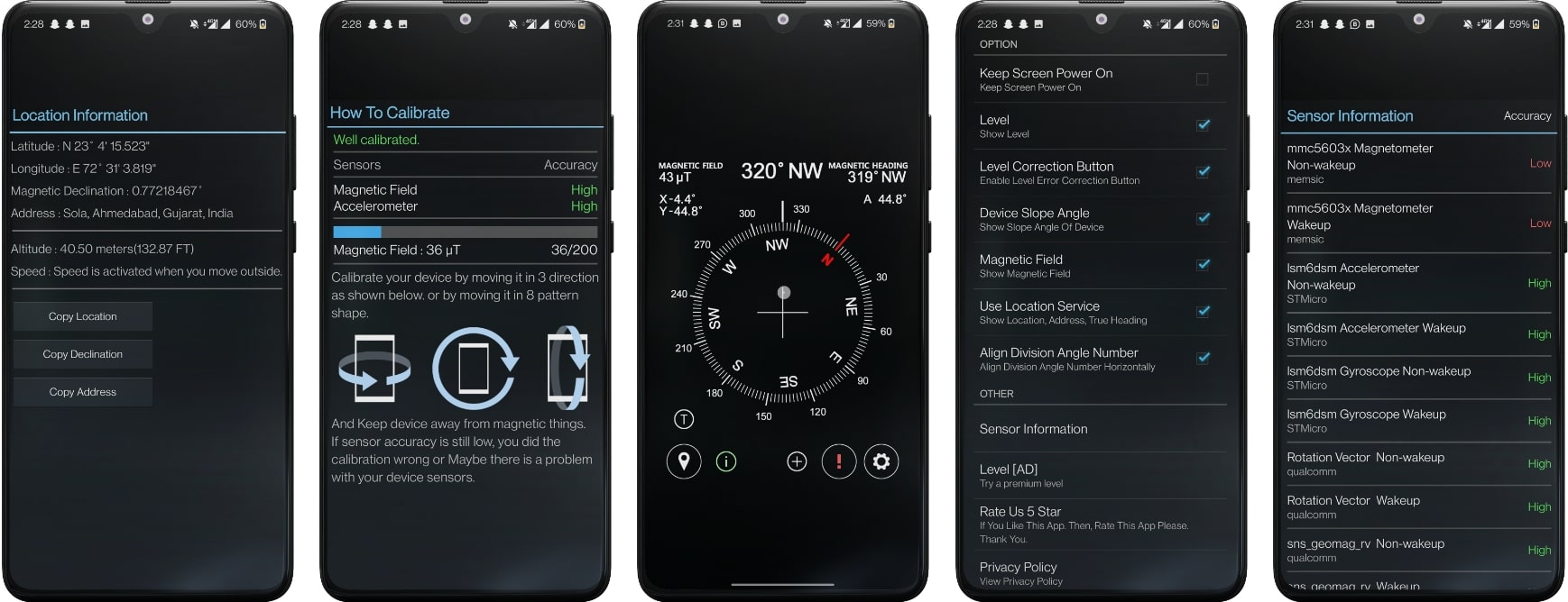 Screenshots of Digital Compass App