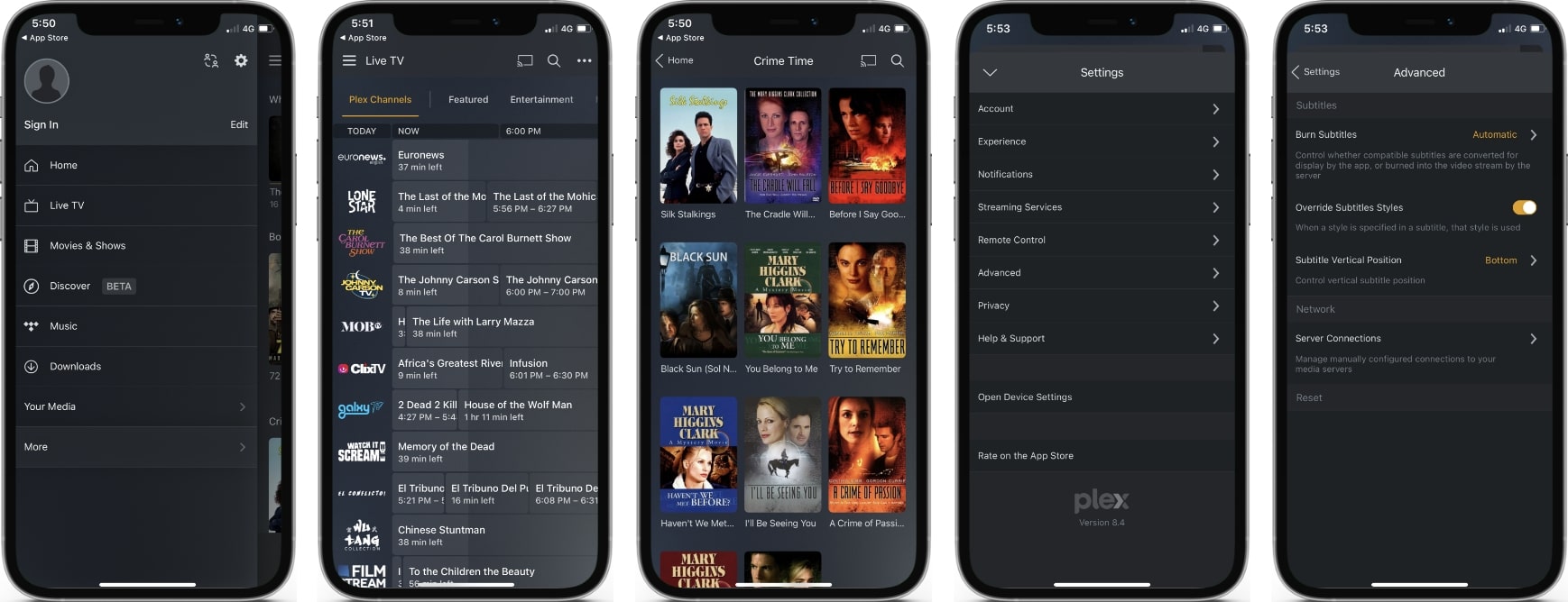 Screenshots of the Plex App
