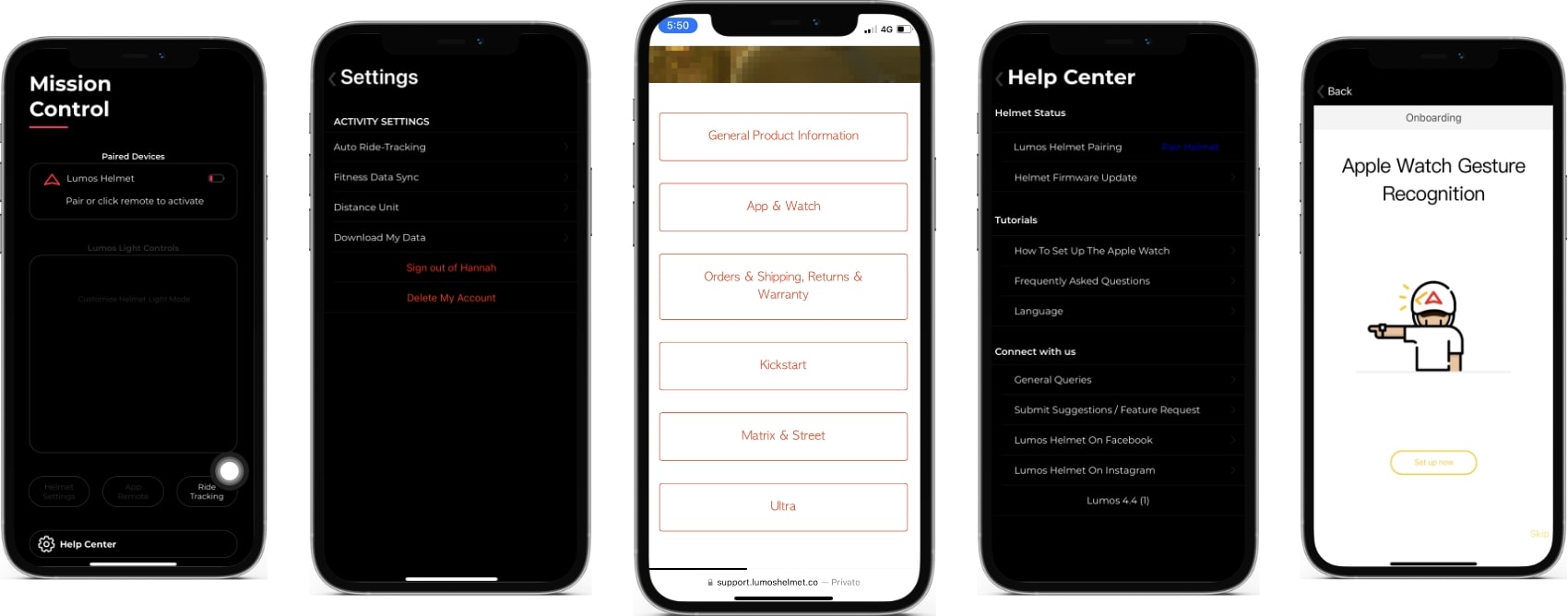 Screenshots of Lumos Helmet App