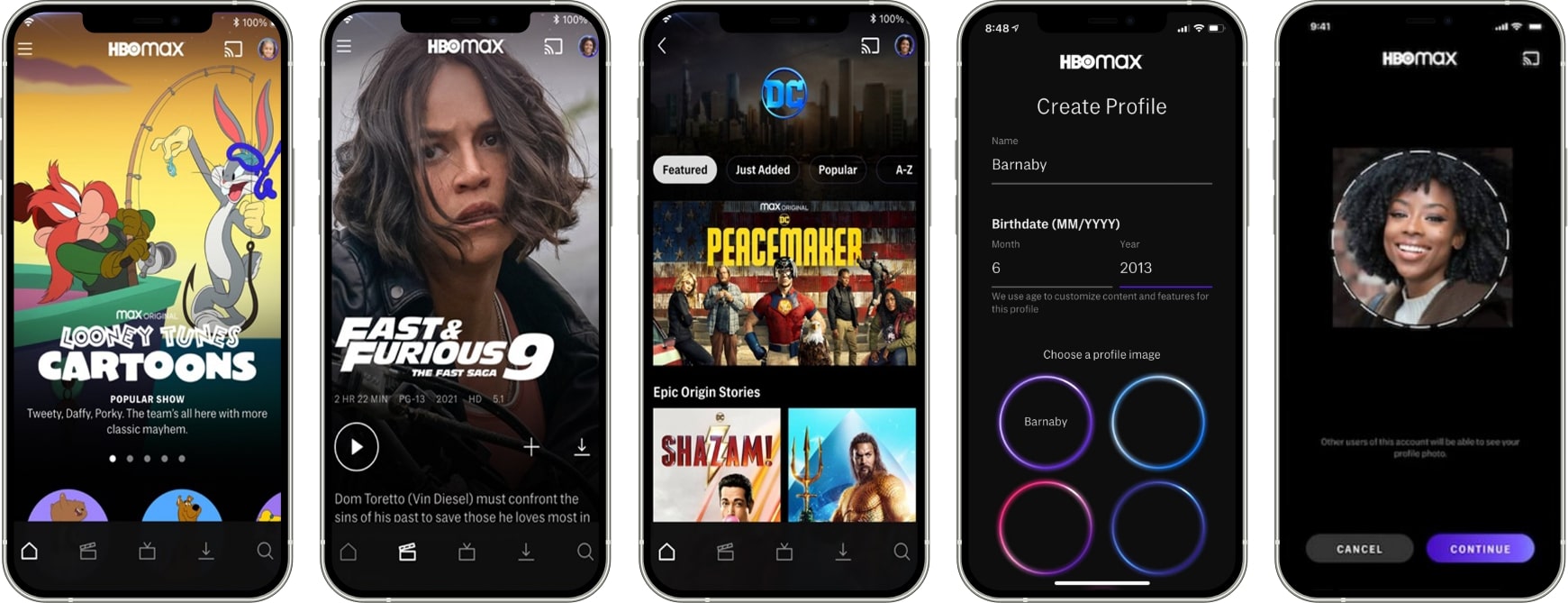 Screenshots of the HBO Max App