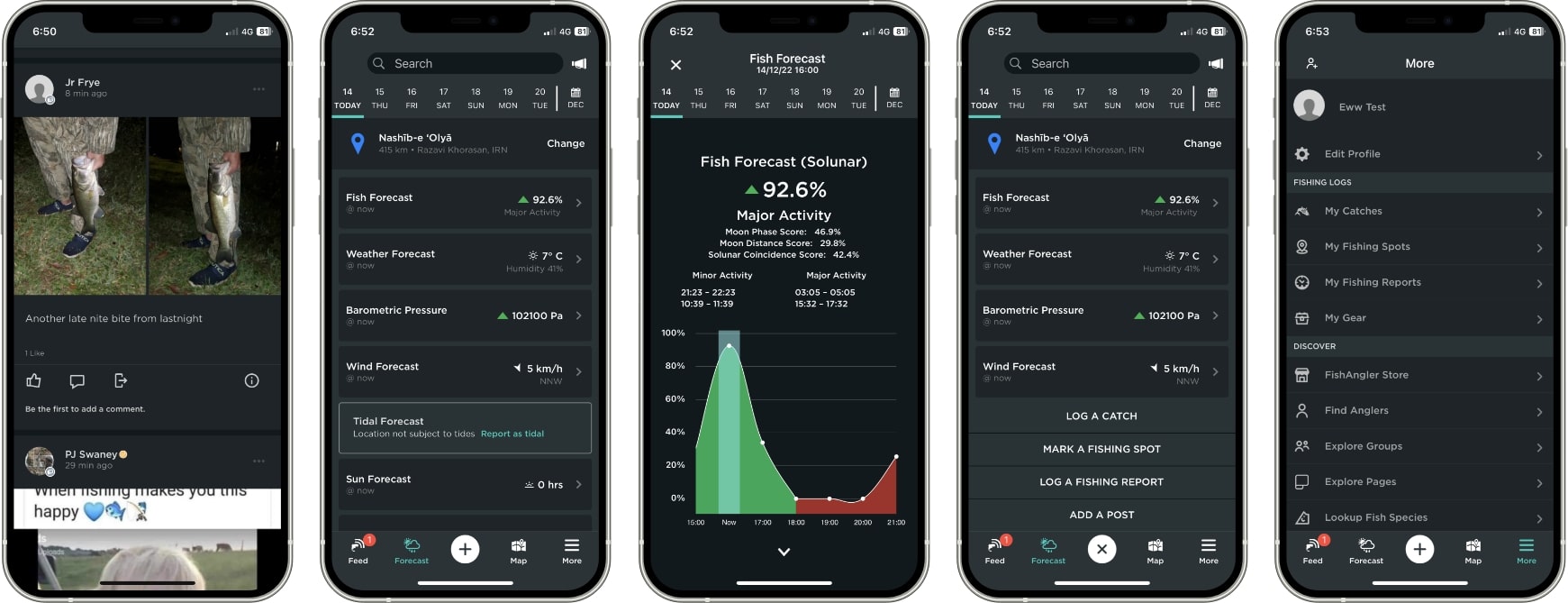 Screenshots of the FishAngler App