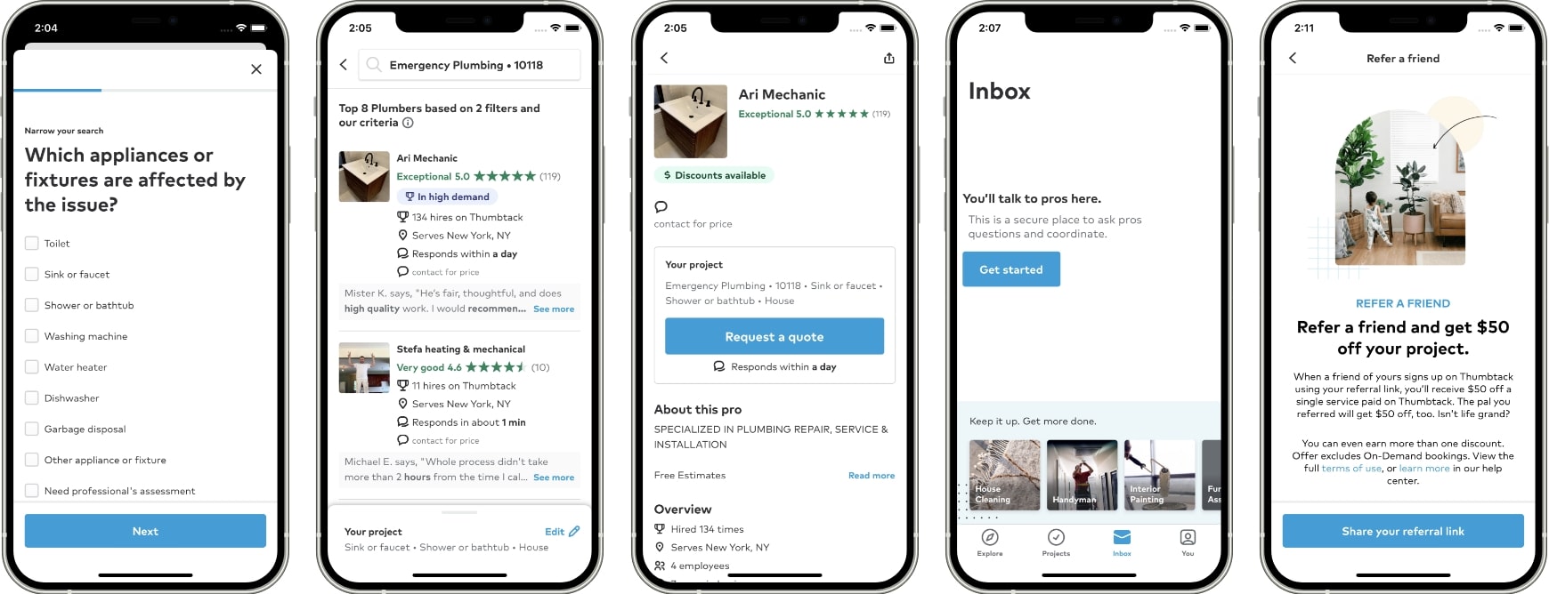 Screenshots of the Thumbtack App