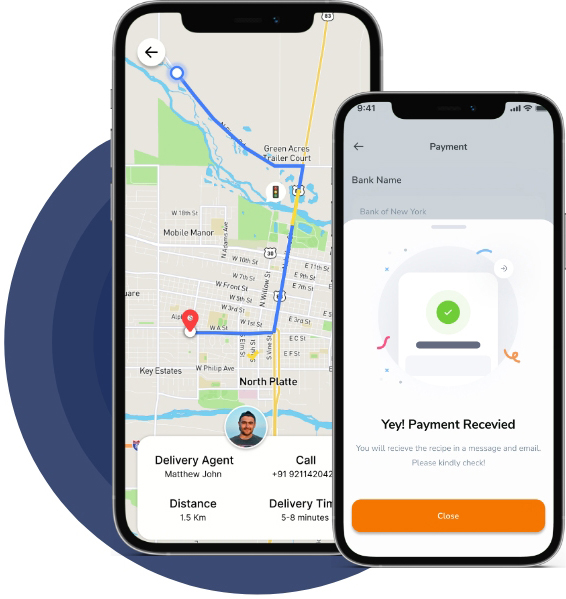Two smartphones showcase a logistics application with featuring a map, route, reflecting feaures tailored for carriers and drivers.