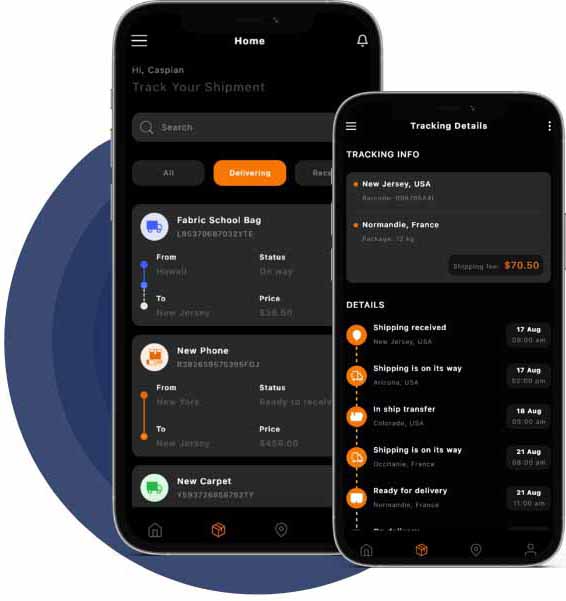 Two smartphones showcase a logistics application screen for Customers featuring Real-Time Status Updates and many more features.