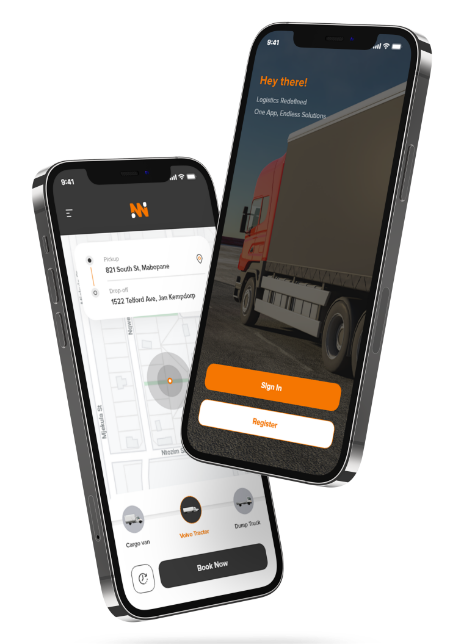 Two smartphones display a logistics app crafted by a leading logistics software development company. One screen shows a map with a location pin, while the other features an image of a truck alongside sign-in and register buttons.