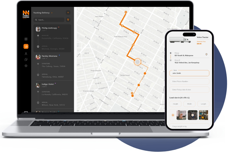 A laptop and smartphone showcase a logistics software application with a delivery tracking app, featuring a map, route, and comprehensive list of package details tailored for shippers and suppliers.