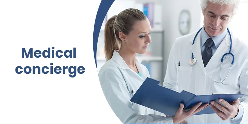 Two medical professionals in white coats examine a blue folder in a clinical setting, symbolizing the meticulous care involved in medical concierge services. The words Medical Concierge appear on the left side of the image against a white background.