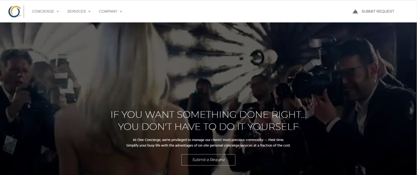 A glamorous event with photographers capturing the moment showcases a successful concierge company. In the foreground, a person with long blonde hair faces away. The image text highlights convenience and cost-effectiveness, underscoring the companys commitment to excellence.