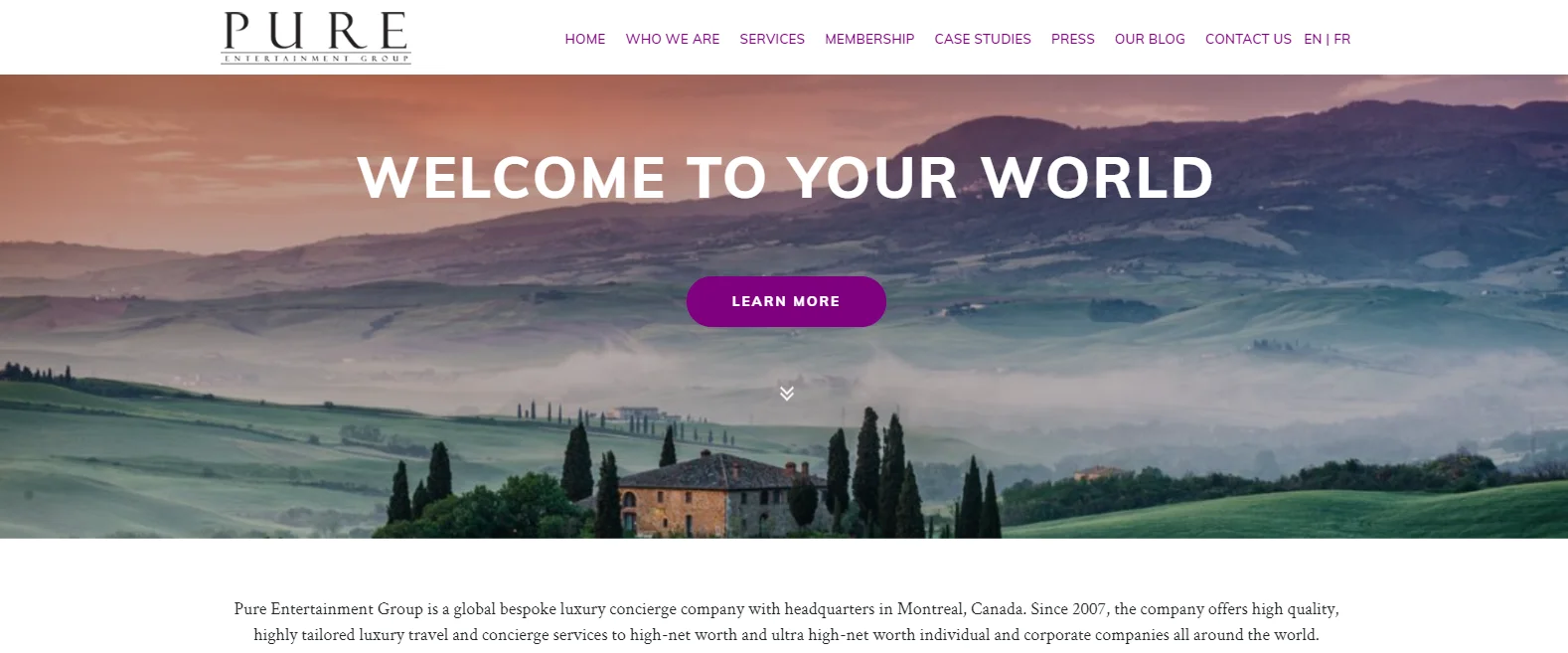 A website homepage for Pure Entertainment Group, a successful concierge company, featuring a scenic landscape of rolling hills and a villa. The text reads WELCOME TO YOUR WORLD with a LEARN MORE button below. Menu options like ABOUT US and SERVICES are at the top.