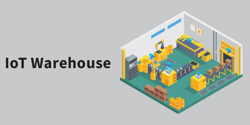 Illustration of a modern warehouse with automated systems and wireless connectivity, depicting a Cloud WMS and IoT Based Warehouse environment.