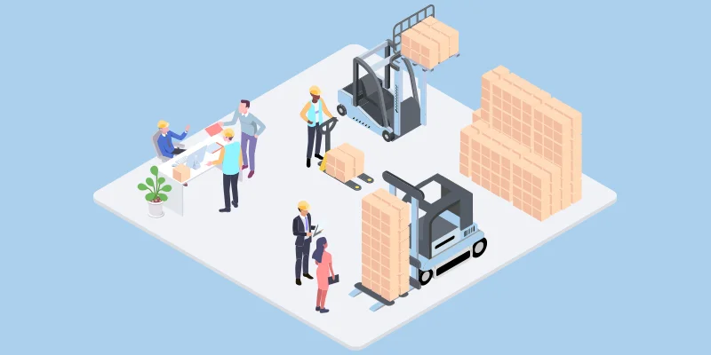 Illustration of a logistics warehouse managed by a Warehouse Management System.