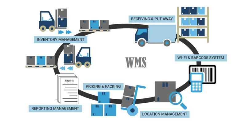 Diagram depicting key components of a Warehouse Management System, including receiving, inventory, picking, location, reporting, and technology like Wi-Fi and barcode systems.