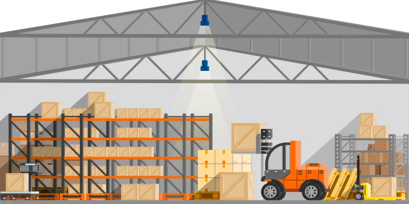 Illustration showing the Optimum Use Of Your Warehouse Space with organized shelving, stacked boxes, and forklifts.