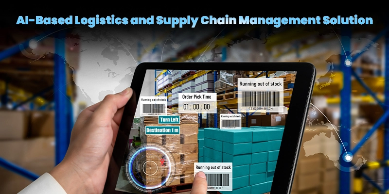 A hand holds a tablet showing a digital warehouse interface with inventory and navigation details. The title is AI Based Logistics Solution.