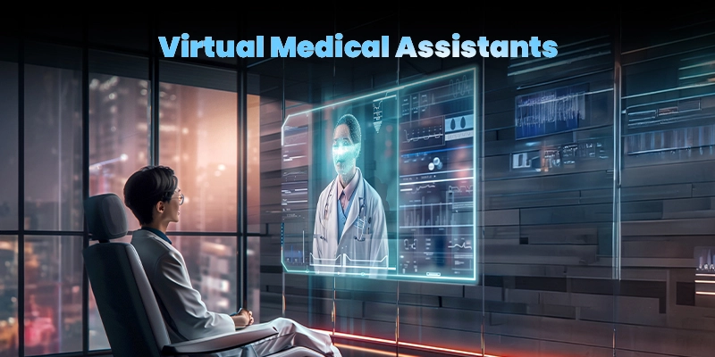 A person views a large futuristic screen showing a holographic doctor and medical data. The image title is Virtual Medical Assistants.