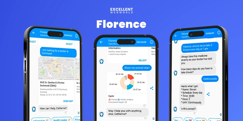 Three phone screens show the Florence Healthcare Chatbot Example. It helps with finding doctors period tracking and medication reminders.