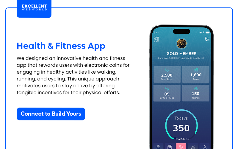 Image showcasing a smartphone displaying the user interface of a Health & Fitness App that rewards users with coins for physical activity.