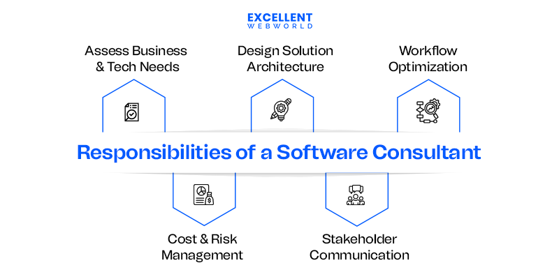 Diagram outlining key responsibilities of a Software Consultant with icons and brief descriptions.