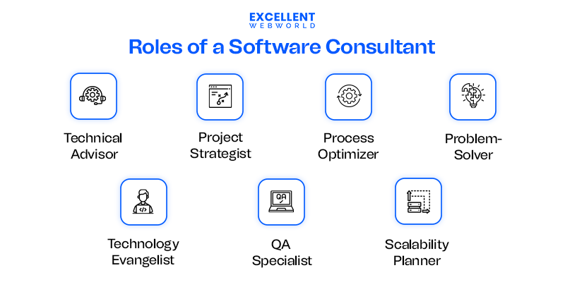 Diagram illustrating various roles of a Software Consultant with icons and descriptions.