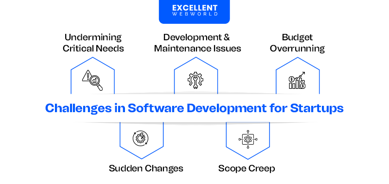 Infographic outlining five common challenges faced by startups in software development, each with an icon and a brief description.