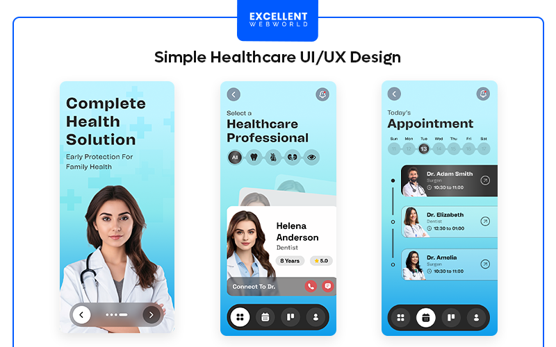 Three smartphone screens showcasing a clean and user-friendly Healthcare UI/UX Design for a health application.