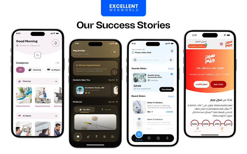 Four smartphones displaying different user interfaces of successful projects, showcasing various features and designs.