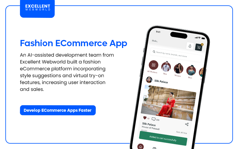 Image showcasing a smartphone displaying the user interface of an AI-Assisted Fashion ECommerce App client.