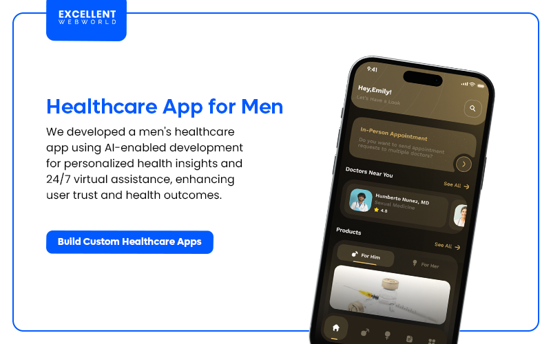 Image showcasing a smartphone displaying the user interface of an AI-Assisted Healthcare App specifically designed for men's health.