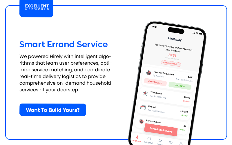 Image showcasing a smartphone displaying the user interface of a 'Hirelypay' Smart Errand Service application.