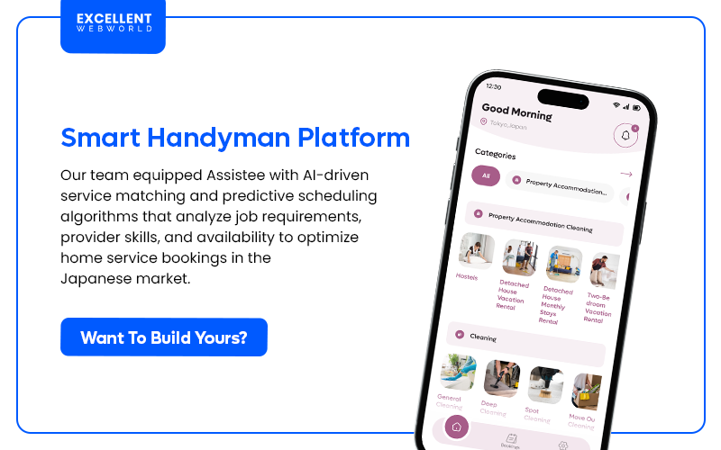 Image showcasing a smartphone displaying the user interface of a Smart Handyman Platform application.