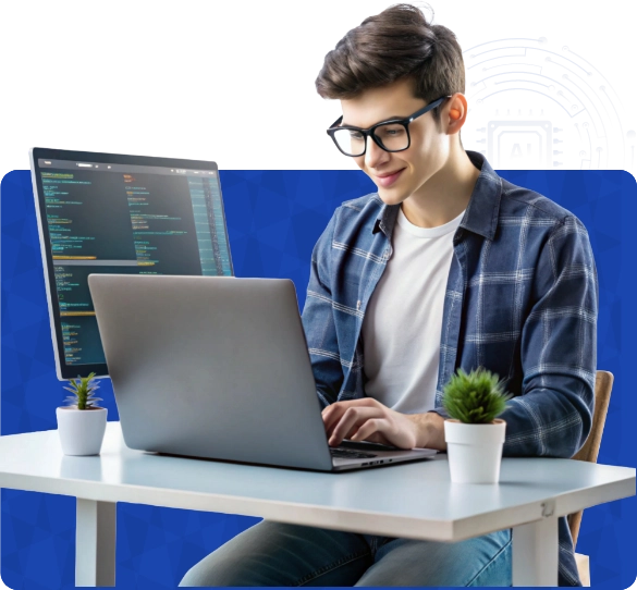 A focused Generative ai developer works on a laptop, another screen displaying code beside him. This represents Generative AI Development Services business benefits for businesses.