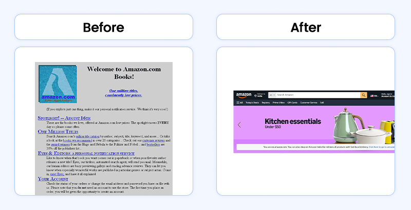 A side-by-side comparison of the early Amazon website and a modern version, an excellent MVP example of e-commerce evolution.