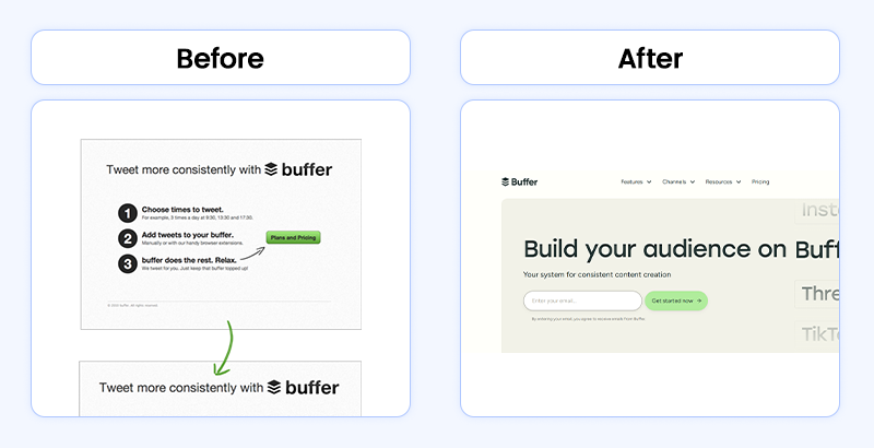 A comparison of Buffer's early and current web designs, illustrating the evolution of the platform as a strong MVP example.