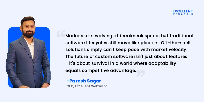 Paresh Sagar, CEO of Excellent Webworld, stands in a blue-bordered portrait next to his quote about the benefits of custom software development.