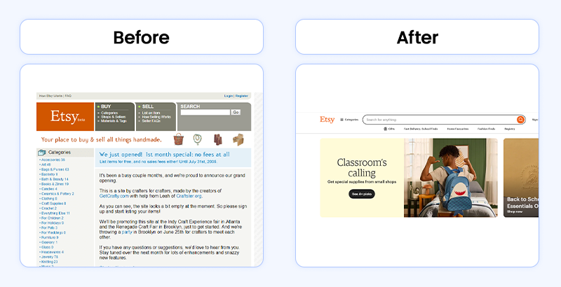 A side-by-side comparison of the early Etsy website and a modern version, an excellent MVP example of e-commerce evolution.