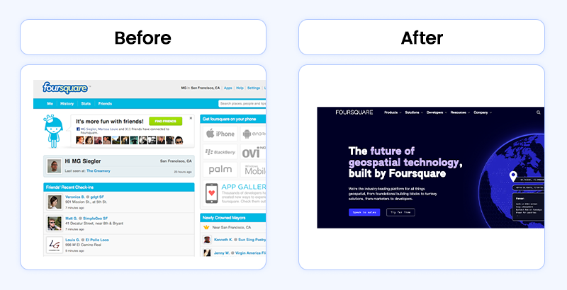 The early and modern website designs for Foursquare, highlighting the platform's evolution as an MVP example.