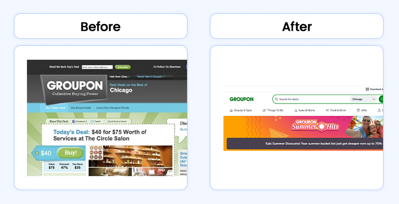 The early and modern website designs for Groupon, showcasing the platform's evolution as a great MVP example.