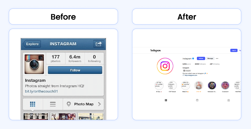 A comparison of the early MVP example of Instagram and its current, more robust, feature-rich web design.