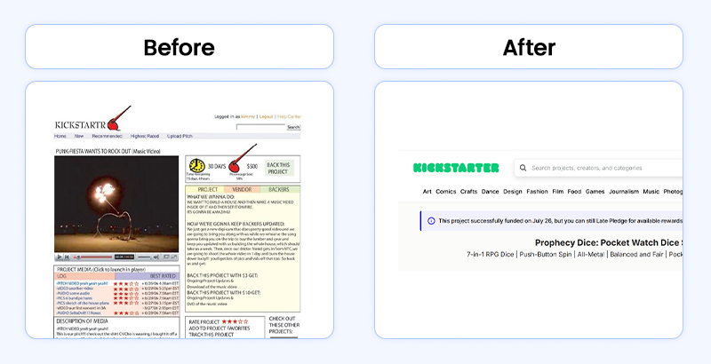 The early and modern website designs for Kickstarter, a great MVP example of a crowdfunding platform's evolution.