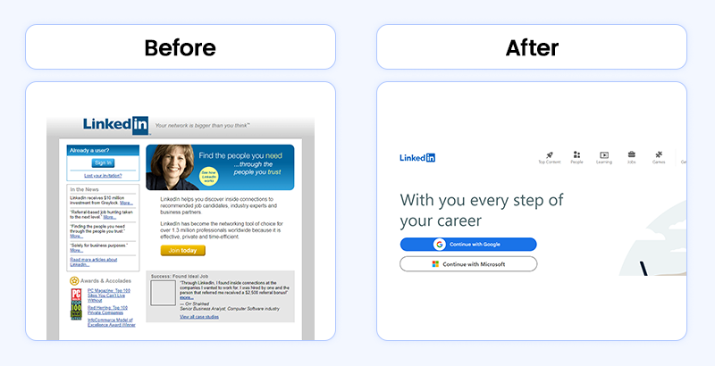 The early and modern website designs for LinkedIn, showcasing the platform's evolution as a great MVP example.