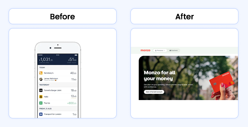 The early and modern designs for the Monzo fintech app, showcasing its growth and evolution as a great MVP example.