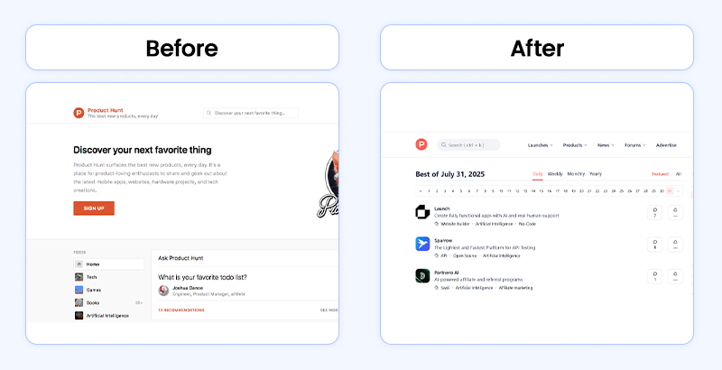 The early and current website designs for Product Hunt, showcasing the platform's evolution as a great MVP example.