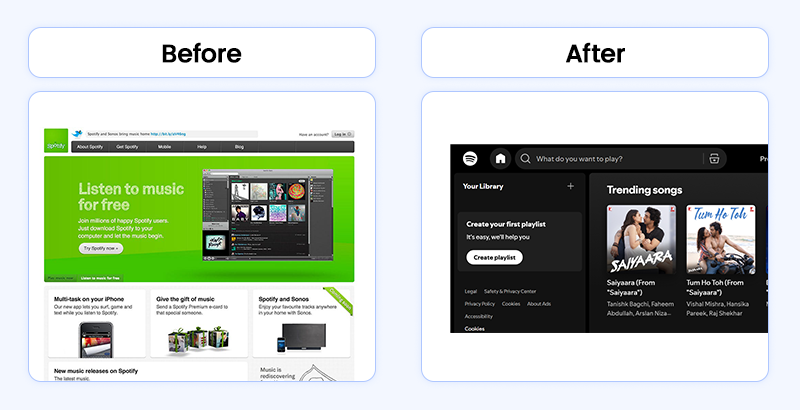 A before-and-after look at the Spotify website, showing its evolution from a simple music player to a modern MVP example.
