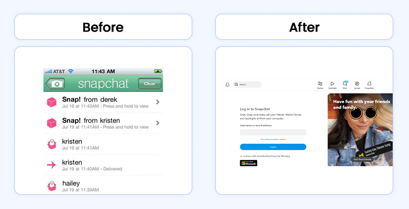 A side-by-side comparison of the early and modern Snapchat app interfaces, illustrating the evolution of the popular MVP example.