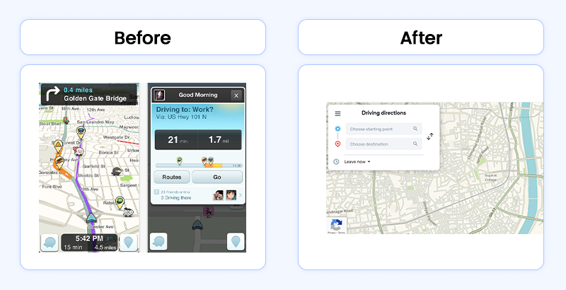 The early and modern designs for the Waze app, showcasing its growth and evolution as a great MVP example.