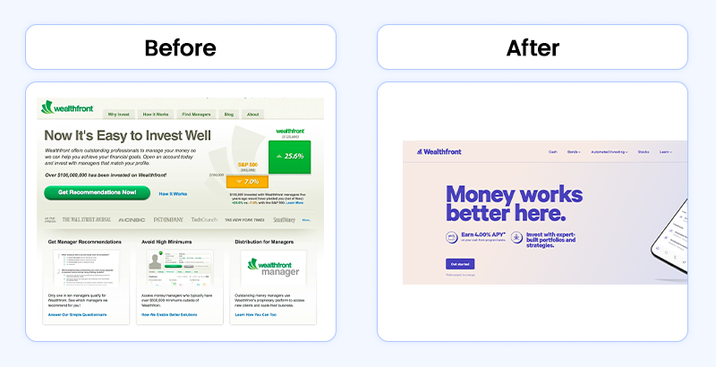 The early and modern website designs for Wealthfront, showcasing the platform's evolution as a great MVP example.