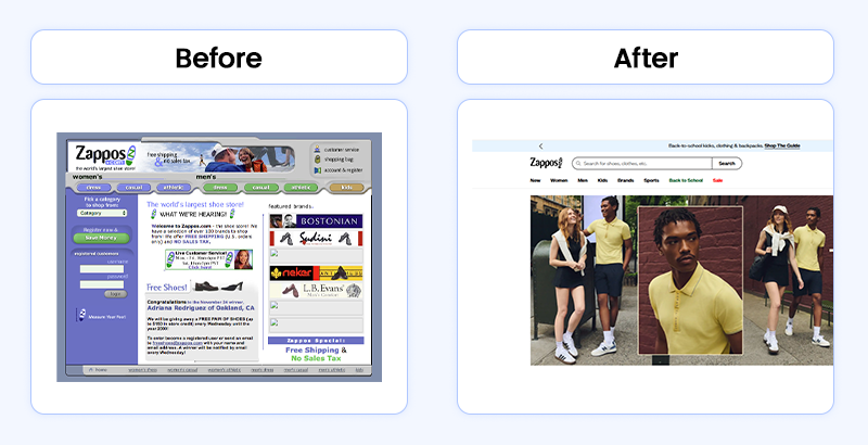 The early and modern website designs for Zappos, showing its evolution as a strong MVP example for e-commerce.